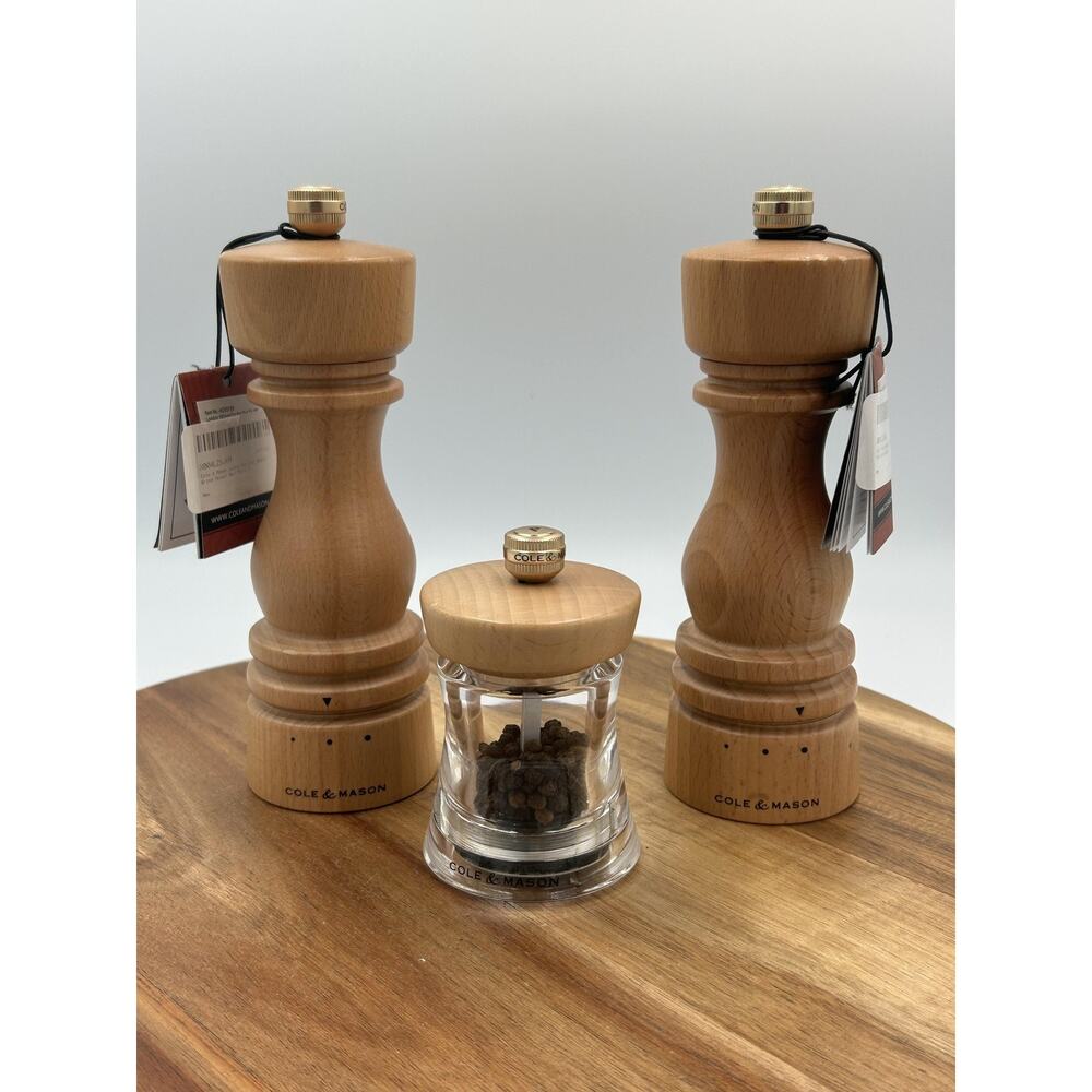 Cole & Mason Salt Pepper Grinder Mill Set 3pc Wood Acrylic Brown Adjustable